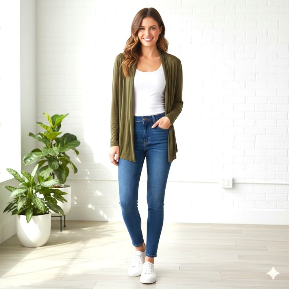 Ambiance Olive Green Drape Front Cardigan – Lightweight Open Knit Size Small